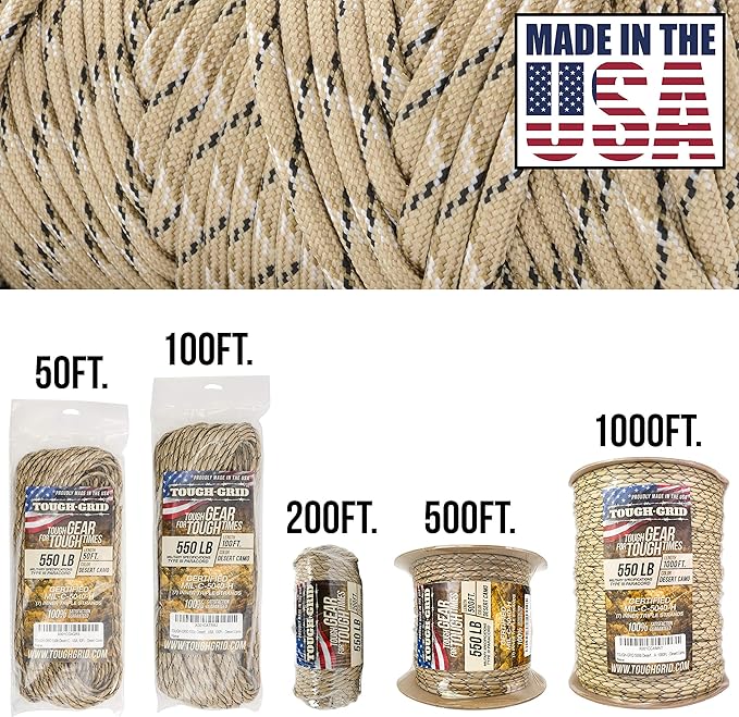 TOUGH-GRID 550 Paracord, Type III Mil-Spec Nylon Rope - 100 Ft Desert Camo Tactical Survival Cord