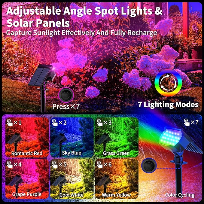 WENATY Solar Spot Lights Outdoor Color Changing, [7 Mode/12 Pack] Christmas Landscape Spotlights, Solar Lights Outdoor Waterproof, Solar Led Powered Flood Light for Outside Pathway Yard Garden Walkway