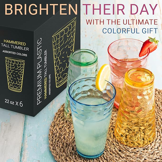 Bravario Hammered Plastic Drinking Tumbler, Dishwasher-Safe Premium Quality Water Glasses, BPA-Free Reusable Mixed Colors Assorted Stackable Cups, 22 oz Set of 6