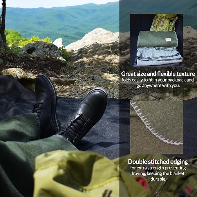 Military Style Wool Blanket – Cushioned, Breathable, Durable, Warm & Washable – Double-Stitched Border – Great for Camping, Outdoor, First Aid, Travel, Car – Fire-Resistant – 64"x90" 4.7lb (Gray)