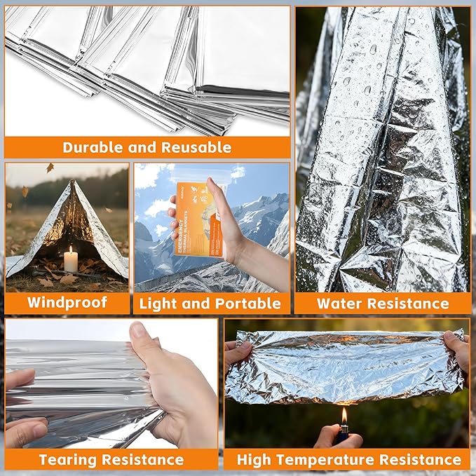6 Pack Emergency Blankets - Mylar Thermal Space Blankets for Survival and Protection - Ideal for Camping, Outdoors, Hiking, Rescue, Marathons
