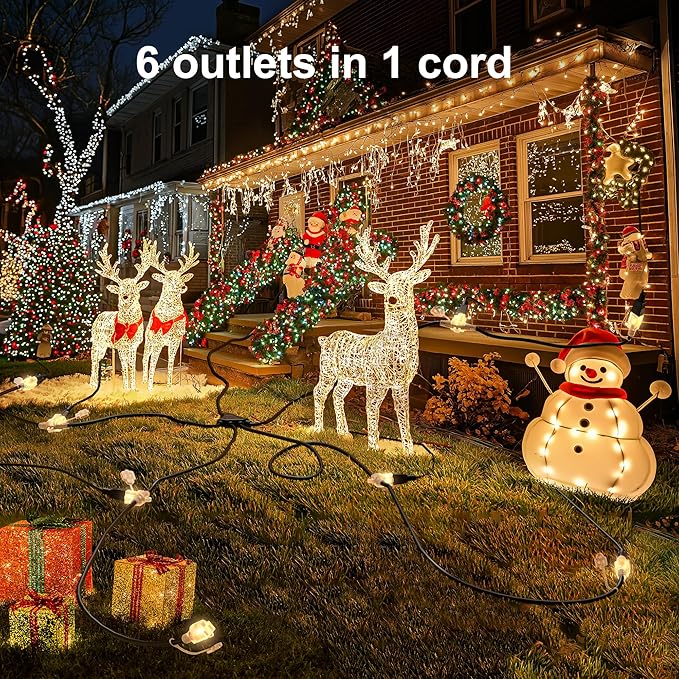 Eversimpleinc Black 1 to 4 Splitter Extension Cord (Combined 58 FT, End to End 34 FT), 3 Prong Plug with 8 Extended Lighted Outlets, with Weatherproof Covers for Indoor and Outdoor