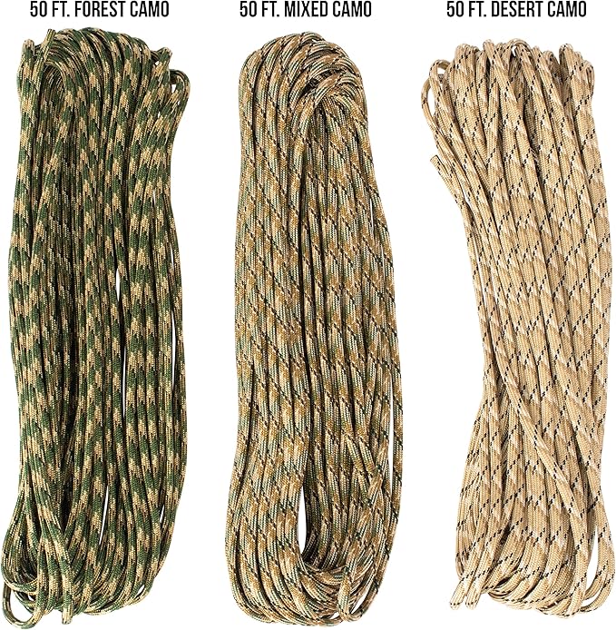 TOUGH-GRID 550 Paracord, Type III Mil-Spec Nylon Rope - 150 Ft Camo Tri-Pack Tactical Survival Cord