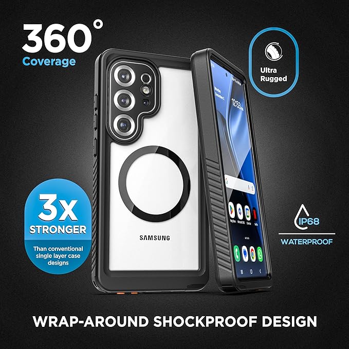 ENCASED Waterproof Case Designed for Samsung Galaxy S25 (IP68) Full Body Protective Phone Case with Screen Protector Built-in (Clear/Black) (S25 Ultra)