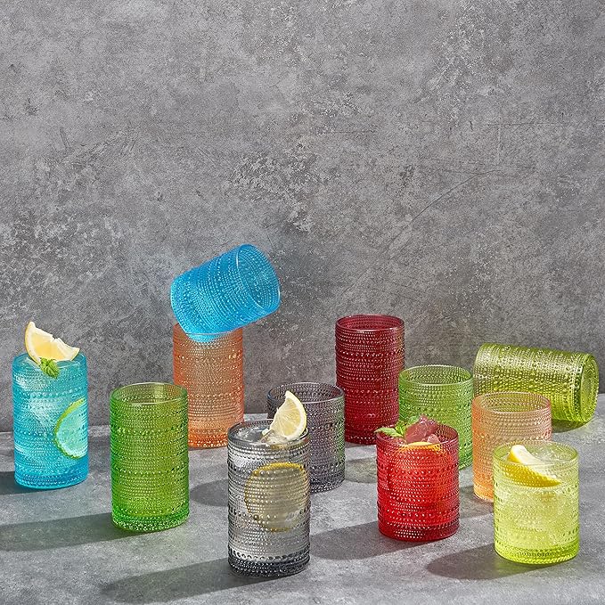 Khen Hobnail Beaded Highball Drinking Tumbler Glasses | Set of 12 | Autumn Colors Vintage Bubble Design Whiskey Glassware, Old-Fashioned, Embossed Design Water, Wine, Cocktail Rocks Glasses
