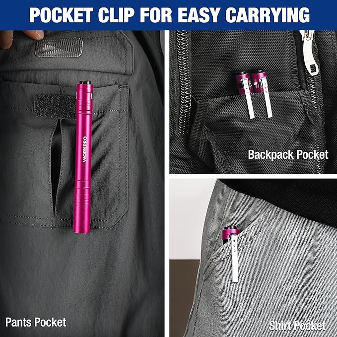 WORKPRO LED Pen Light, Aluminum Pen Flashlights, Pocket Flashlight with Clip for Inspection, Emergency, Everyday, 2AAA Batteries Include, Pink(4-Pack)