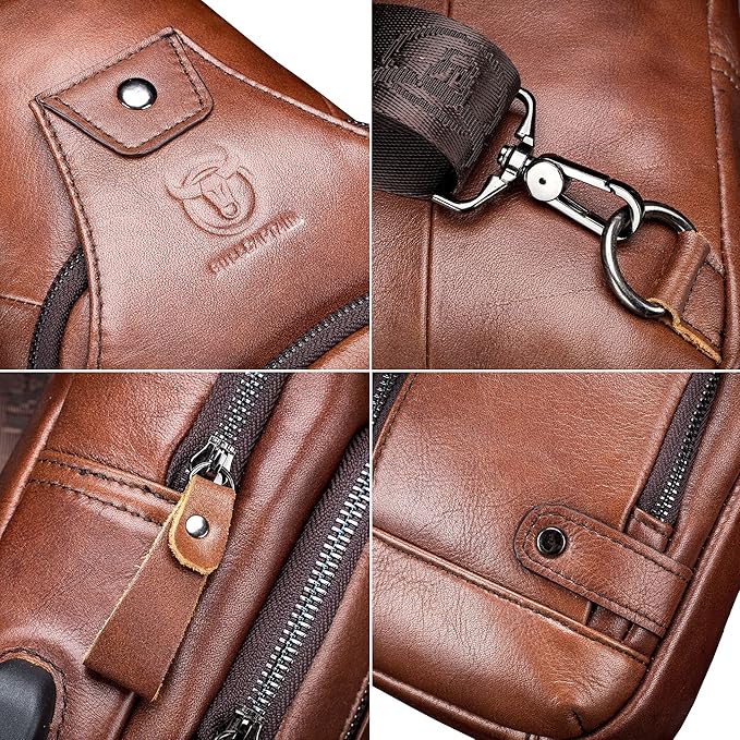 Hebetag Leather Sling Bag Hiking Daypack for Men Women Outdoor Travel Camping Fishing Crossbody Shoulder Chest Pack Backpack
