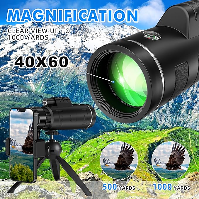 40x60 Monocular Telescope with Smartphone Adapter and Telescope Case High Powered Monocular, Compact Monocular for Wildlife, Hunting, Camping, Travel &Outdoor Adventures