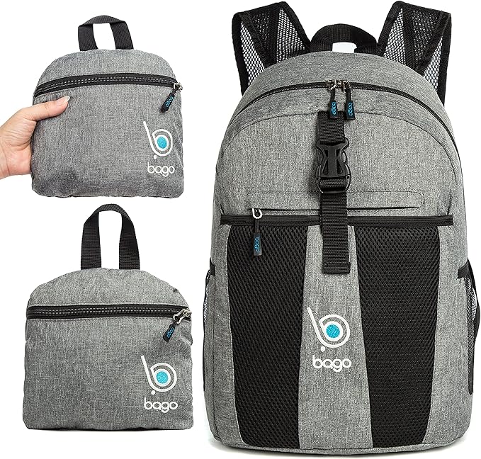 Bago Lightweight Small Hiking Backpack for Women and Men - 25L Travel Day Pack - Foldable Hiking Daypack Ultralight for Camping Outdoor Sports - Day Bag Packable Backpack for Travel (SnowGray)