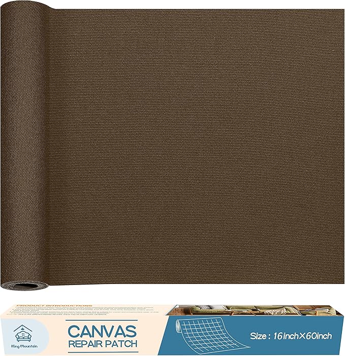 KING MOUNTAIN Canvas Repair Patch 16×60 Inch Self-Adhesive Waterproof Fabric Patch for Sofas, Tents, Furniture,Tote Bags, Car Seats (Dark Brown)