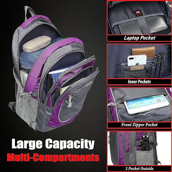 ProEtrade Backpack Bookbag for College Sturdy Travel Business Hiking Fit Laptop Up to 15.6 Inch Multi Compartment Gifts for Men Women Night Light Reflective (Purple A)