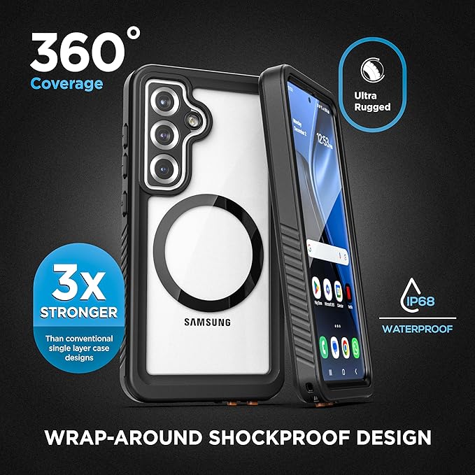 ENCASED Waterproof Case Designed for Samsung Galaxy S25 (IP68) Full Body Protective Phone Case with Screen Protector Built-in (Clear/Black) (S25)
