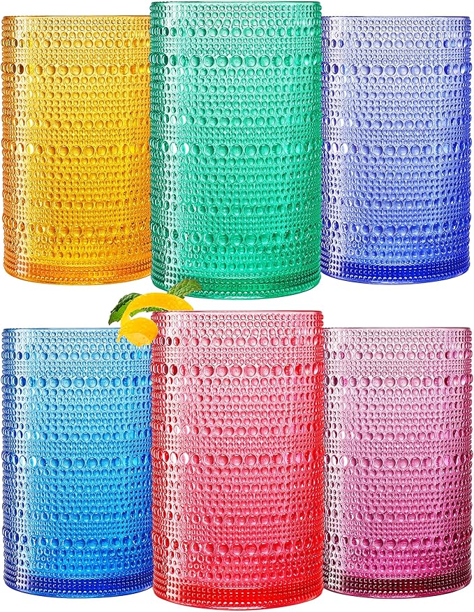 Khen Plastic Hobnail Drinking Highball Glasses Set of 6 Bright Tones Cups 14oz, Shatterproof & Unbreakable Acrylic Beaded Design, BPA-Free, Dishwasher Safe Indoor/Outdoor Drinkware Water, Cocktails