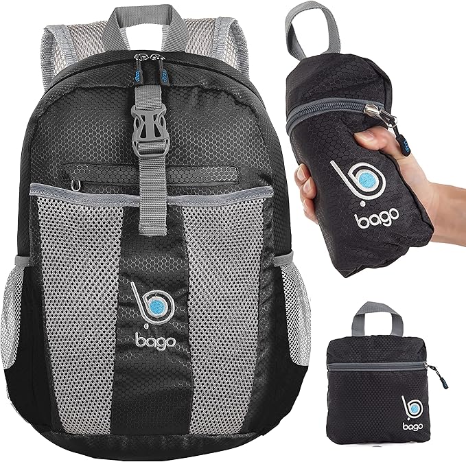 Bago Lightweight Small Hiking Backpack for Women and Men - 25L Travel Day Pack - Foldable Hiking Daypack Ultralight for Camping Outdoor Sports - Day Bag Packable Backpack for Travel (Black)