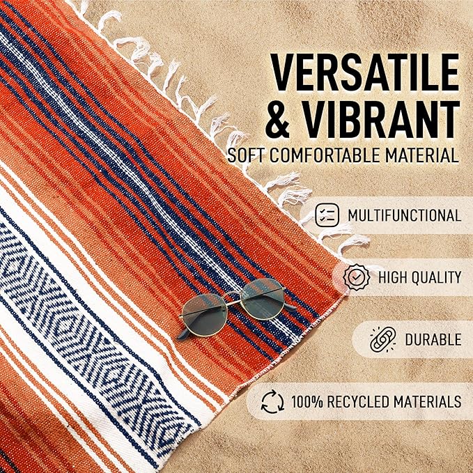 Authentic Large Handwoven Mexican Blanket - Soft Yoga- Durable Serape- Lightweight Falsa, Beach, Camping, Picnic, Outdoor Blanket 70"x50" - Orange Gold