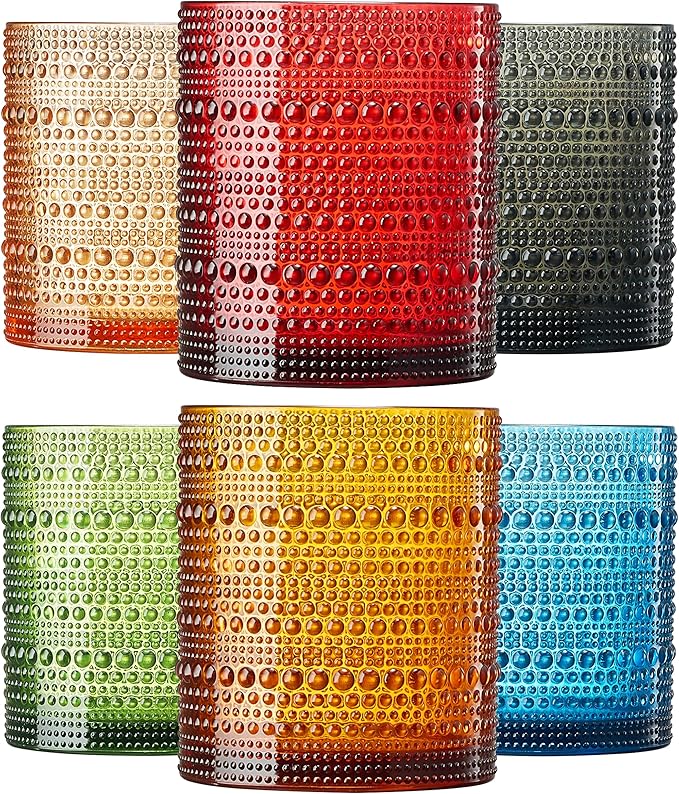 Khen Plastic Hobnail Drinking Glasses Set of 6 Neutral Tones Cups 10oz, Shatterproof & Unbreakable Acrylic Beaded Design, BPA-Free, Dishwasher Safe Indoor/Outdoor Drinkware for Water, Juice, Cocktails