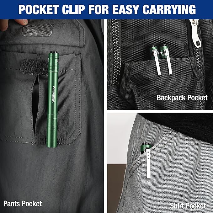 WORKPRO LED Pen Light, Aluminum Pen Flashlights, Pocket Flashlight with Clip for Inspection, Emergency, Everyday, 2AAA Batteries Include, Green(4-Pack)