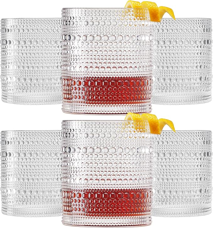 Plastic Hobnail Drinking Glasses Set of 6 Tritan Lowball Cups 14oz, Shatterproof & Unbreakable Acrylic Beaded Design, BPA-Free, Dishwasher Safe Indoor/Outdoor Drinkware for Water, Juice, Cocktails