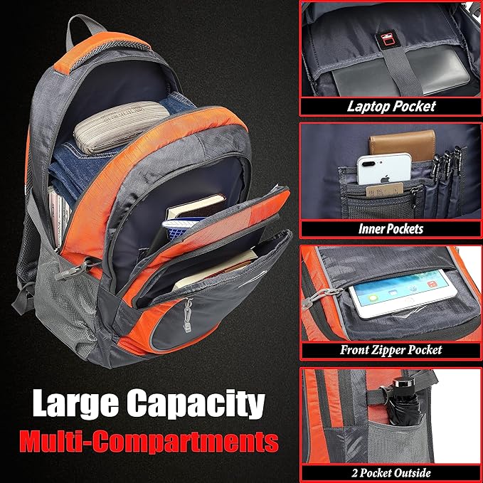 ProEtrade Backpack Bookbag for College Sturdy Travel Business Hiking Fit Laptop Up to 15.6 Inch Multi Compartment Gifts for Men Women Night Light Reflective (Orange)