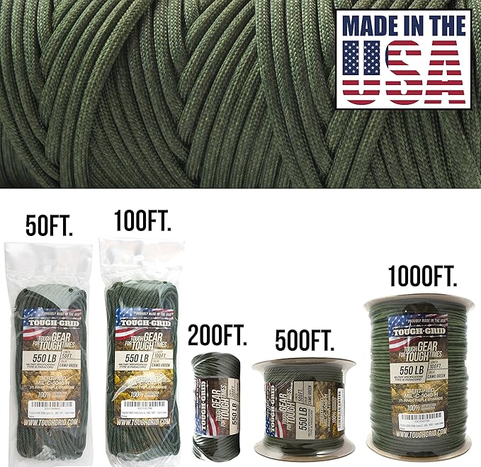 TOUGH-GRID 550 Paracord, Type III Mil-Spec Nylon Rope - 50 Ft Camo Green Tactical Survival Cord